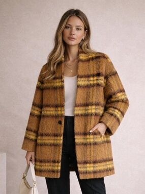 BLANK NYC Plaid Brown Yellow Button Oversized Wool Coat Lined Women’s Large